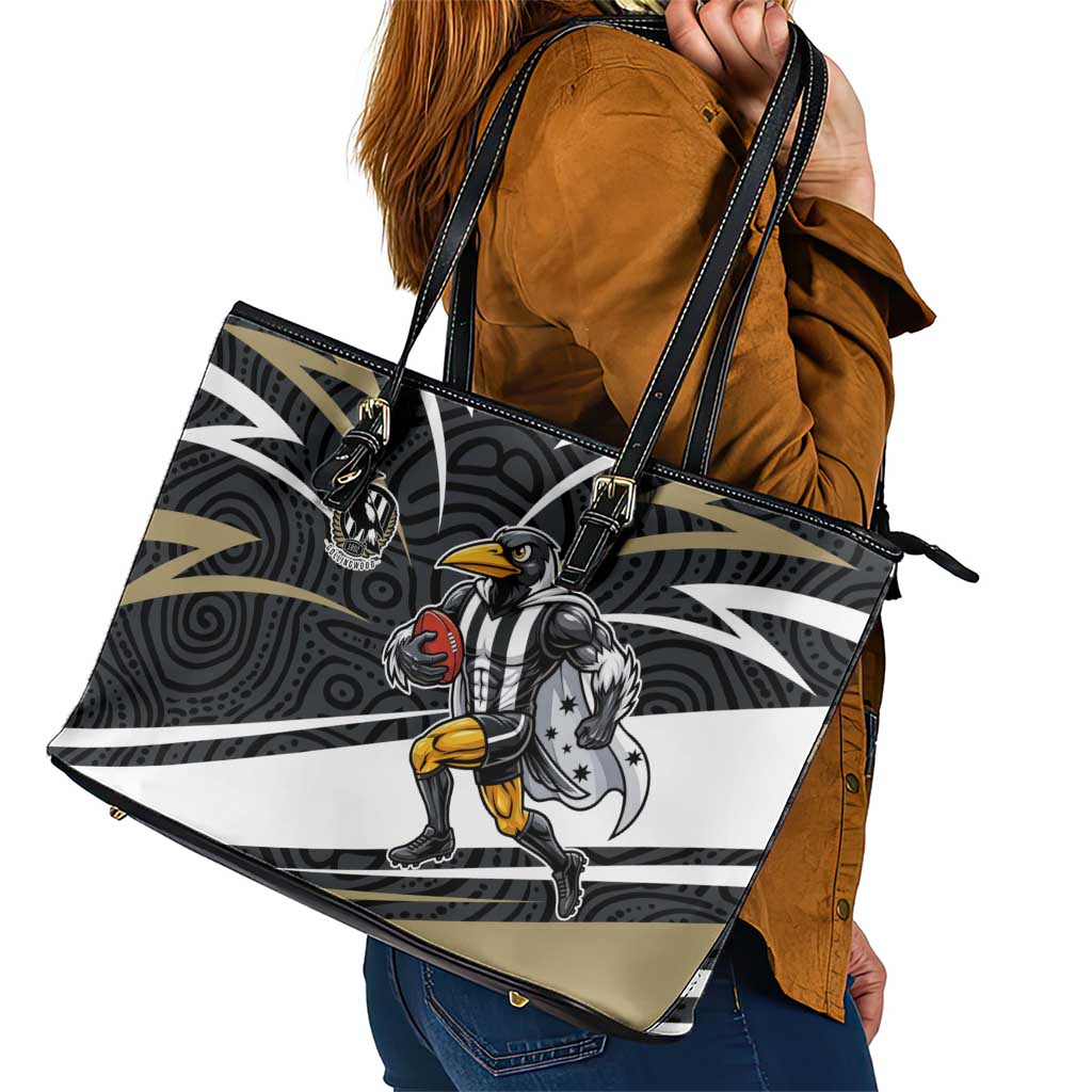 Collingwood Magpies Australian Football Leather Tote Bag Iconic Bird Mascot With Indigenous Pattern Art