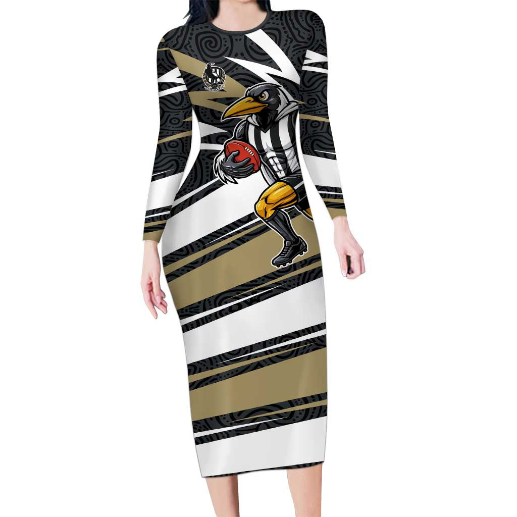 Collingwood Magpies Australian Football Long Sleeve Bodycon Dress Iconic Bird Mascot With Indigenous Pattern Art