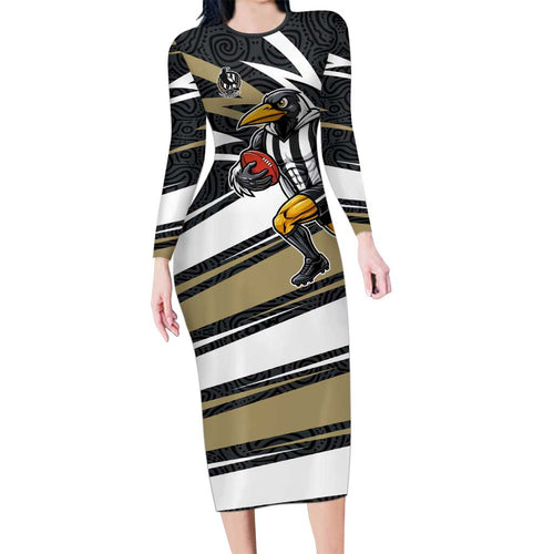 Collingwood Magpies Australian Football Long Sleeve Bodycon Dress Iconic Bird Mascot With Indigenous Pattern Art