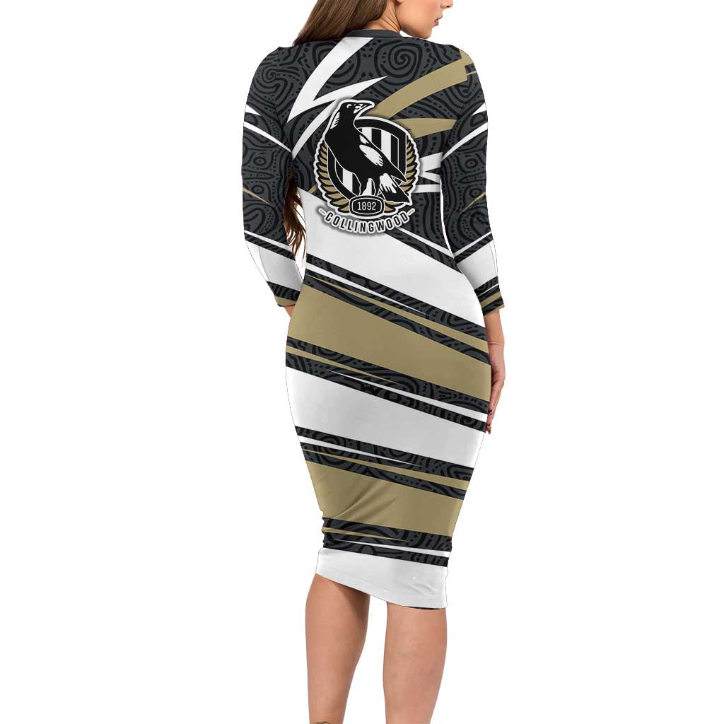 Collingwood Magpies Australian Football Long Sleeve Bodycon Dress Iconic Bird Mascot With Indigenous Pattern Art