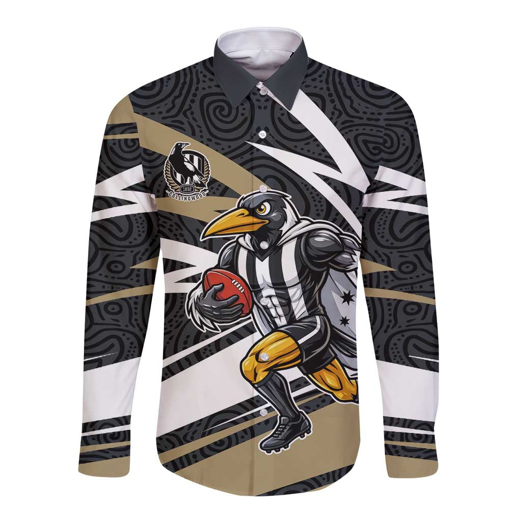 Collingwood Magpies Australian Football Long Sleeve Button Shirt Iconic Bird Mascot With Indigenous Pattern Art