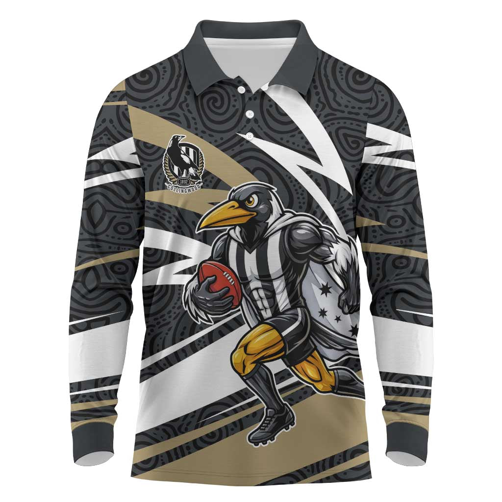 Collingwood Magpies Australian Football Long Sleeve Polo Shirt Iconic Bird Mascot With Indigenous Pattern Art