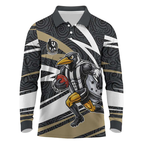 Collingwood Magpies Australian Football Long Sleeve Polo Shirt Iconic Bird Mascot With Indigenous Pattern Art