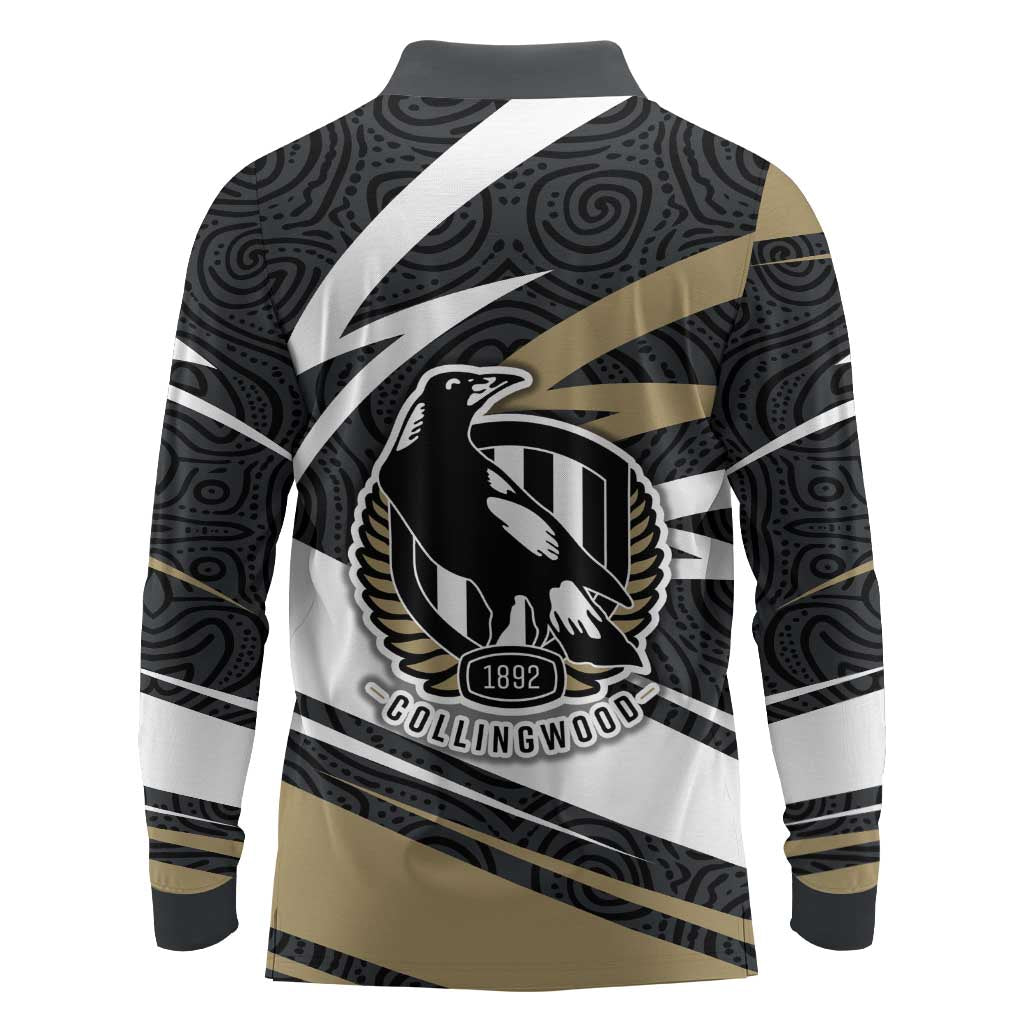 Collingwood Magpies Australian Football Long Sleeve Polo Shirt Iconic Bird Mascot With Indigenous Pattern Art