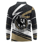 Collingwood Magpies Australian Football Long Sleeve Polo Shirt Iconic Bird Mascot With Indigenous Pattern Art