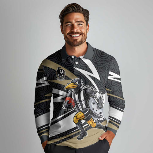 Collingwood Magpies Australian Football Long Sleeve Polo Shirt Iconic Bird Mascot With Indigenous Pattern Art