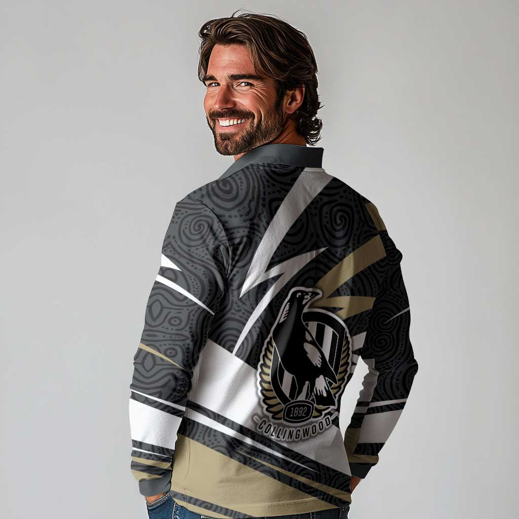Collingwood Magpies Australian Football Long Sleeve Polo Shirt Iconic Bird Mascot With Indigenous Pattern Art