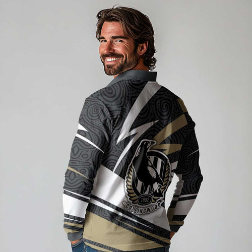 Collingwood Magpies Australian Football Long Sleeve Polo Shirt Iconic Bird Mascot With Indigenous Pattern Art