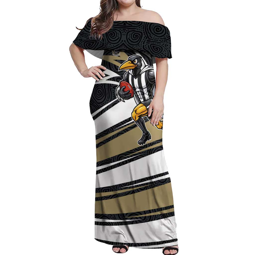 Collingwood Magpies Australian Football Off Shoulder Maxi Dress Iconic Bird Mascot With Indigenous Pattern Art