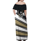 Collingwood Magpies Australian Football Off Shoulder Maxi Dress Iconic Bird Mascot With Indigenous Pattern Art