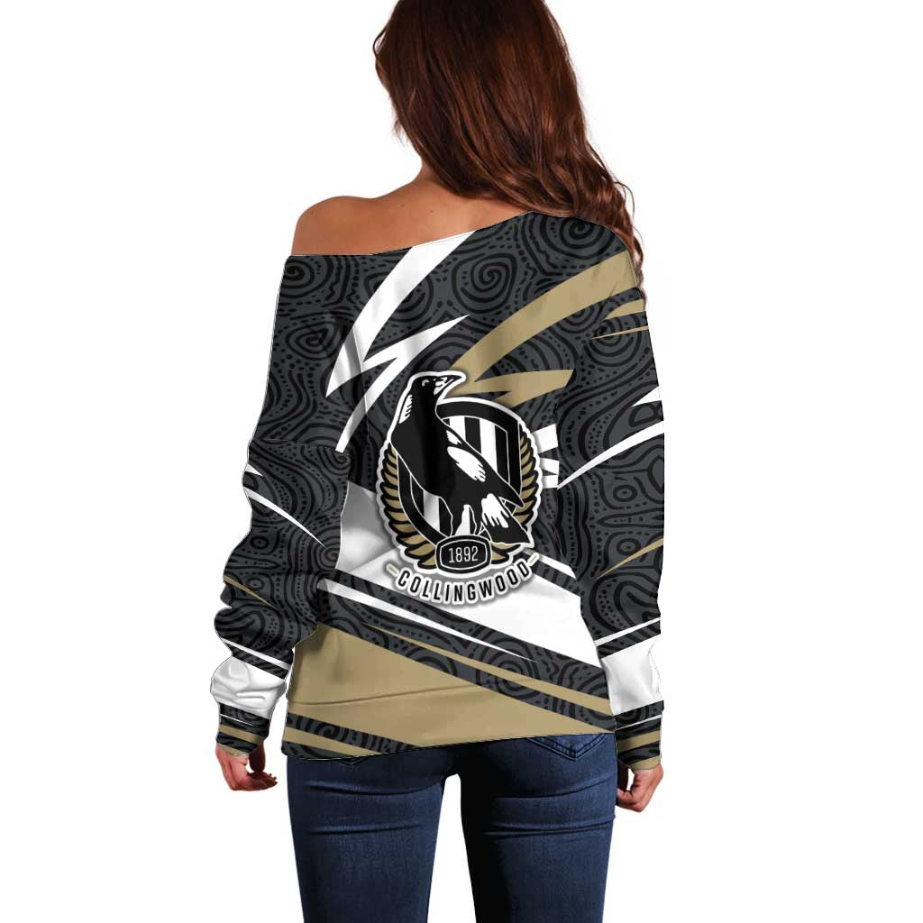 Collingwood Magpies Australian Football Off Shoulder Sweater Iconic Bird Mascot With Indigenous Pattern Art