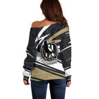 Collingwood Magpies Australian Football Off Shoulder Sweater Iconic Bird Mascot With Indigenous Pattern Art
