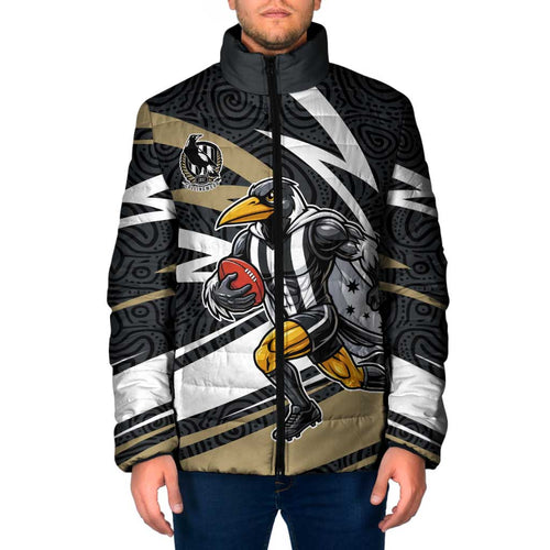 Collingwood Magpies Australian Football Padded Jacket Iconic Bird Mascot With Indigenous Pattern Art