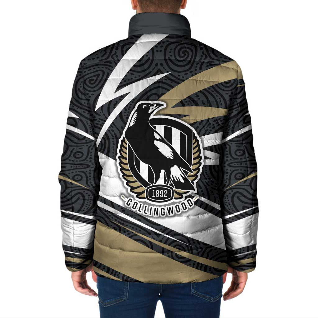 Collingwood Magpies Australian Football Padded Jacket Iconic Bird Mascot With Indigenous Pattern Art