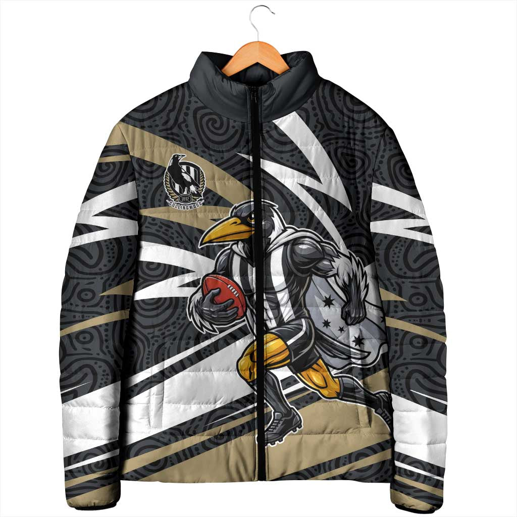 Collingwood Magpies Australian Football Padded Jacket Iconic Bird Mascot With Indigenous Pattern Art