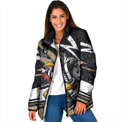 Collingwood Magpies Australian Football Padded Jacket Iconic Bird Mascot With Indigenous Pattern Art