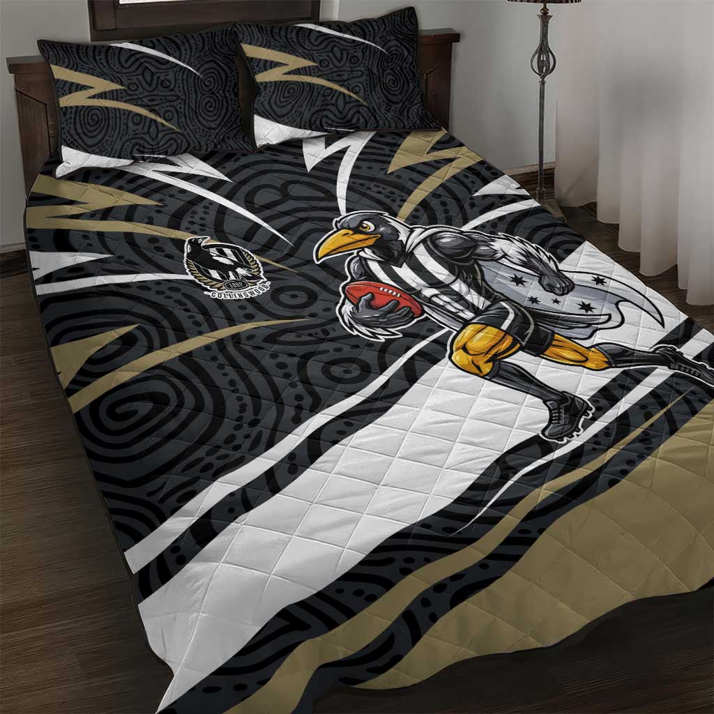 Collingwood Magpies Australian Football Quilt Bed Set Iconic Bird Mascot With Indigenous Pattern Art