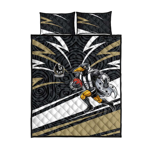 Collingwood Magpies Australian Football Quilt Bed Set Iconic Bird Mascot With Indigenous Pattern Art