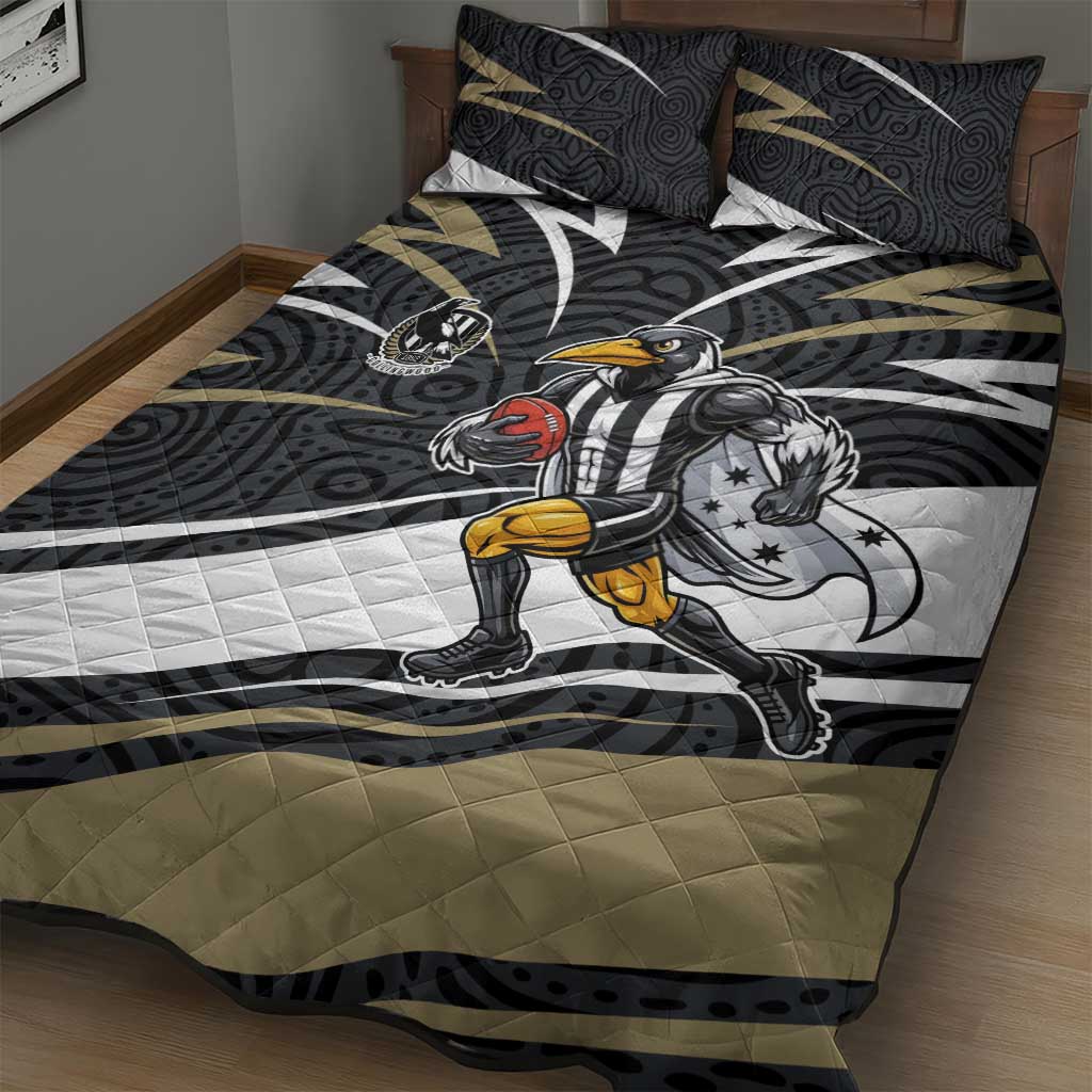 Collingwood Magpies Australian Football Quilt Bed Set Iconic Bird Mascot With Indigenous Pattern Art