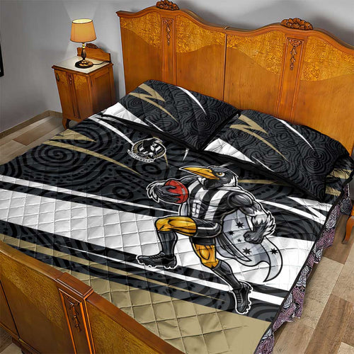 Collingwood Magpies Australian Football Quilt Bed Set Iconic Bird Mascot With Indigenous Pattern Art