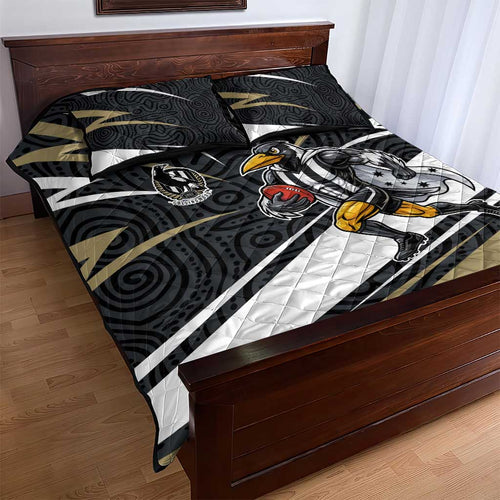 Collingwood Magpies Australian Football Quilt Bed Set Iconic Bird Mascot With Indigenous Pattern Art