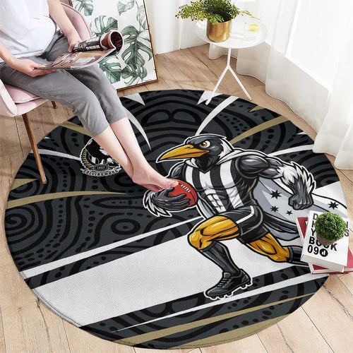 Collingwood Magpies Australian Football Round Carpet Iconic Bird Mascot With Indigenous Pattern Art