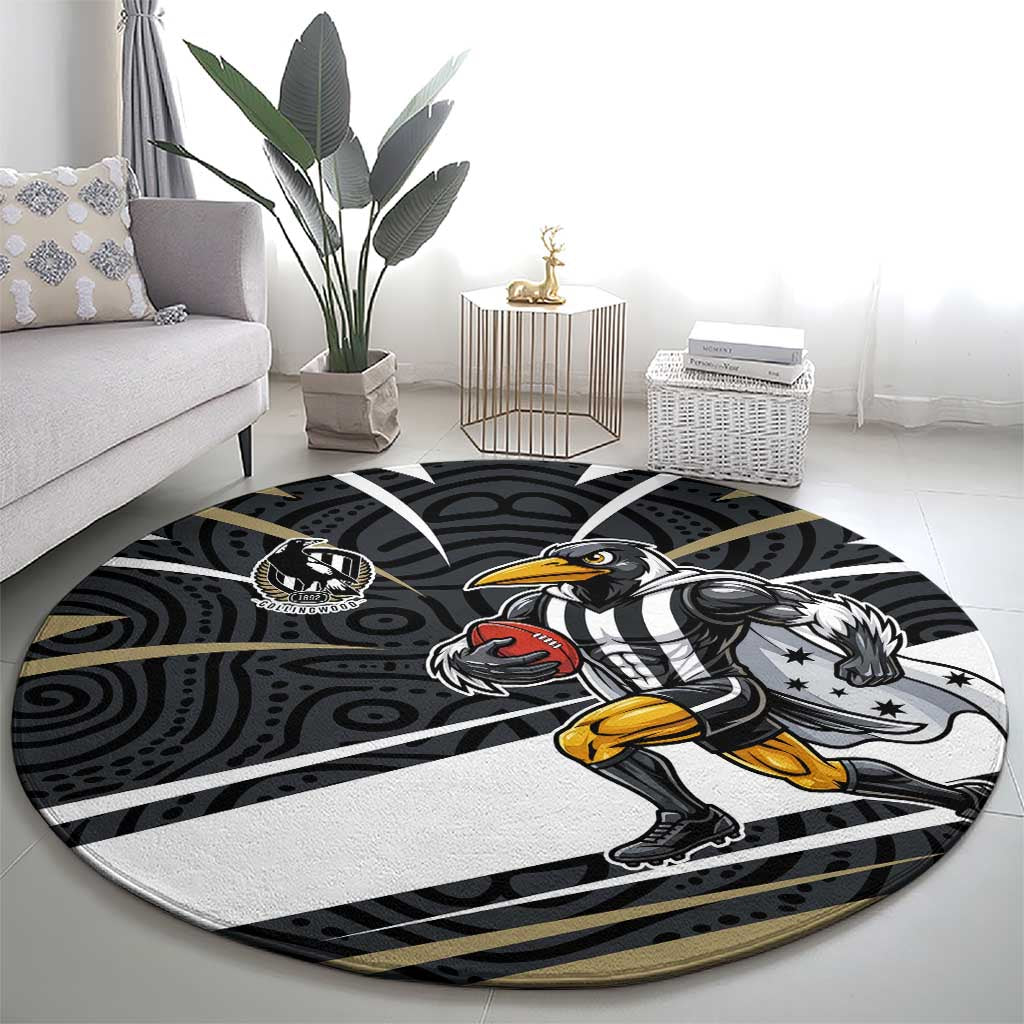 Collingwood Magpies Australian Football Round Carpet Iconic Bird Mascot With Indigenous Pattern Art