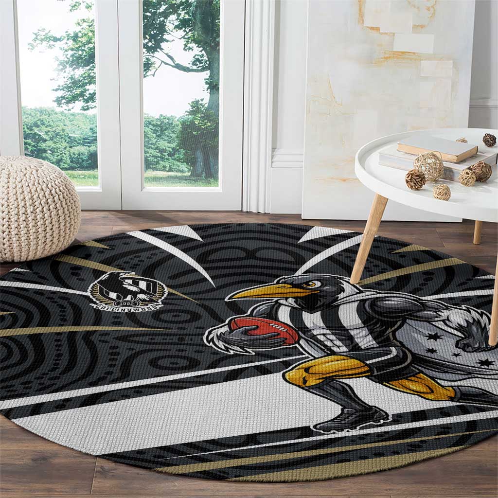 Collingwood Magpies Australian Football Round Carpet Iconic Bird Mascot With Indigenous Pattern Art