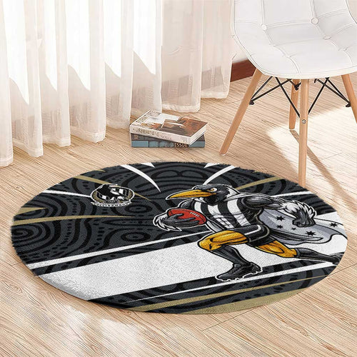 Collingwood Magpies Australian Football Round Carpet Iconic Bird Mascot With Indigenous Pattern Art