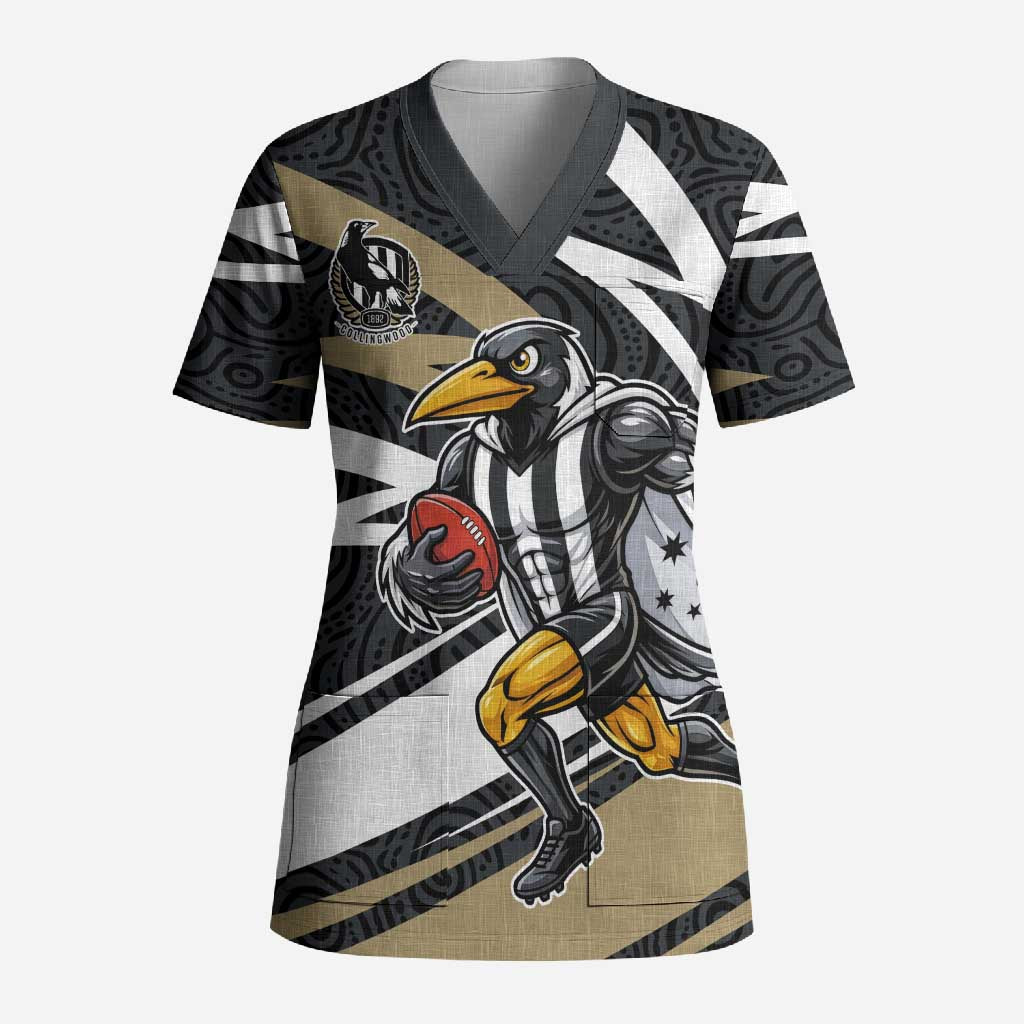Collingwood Magpies Australian Football Scrub Top Iconic Bird Mascot With Indigenous Pattern Art