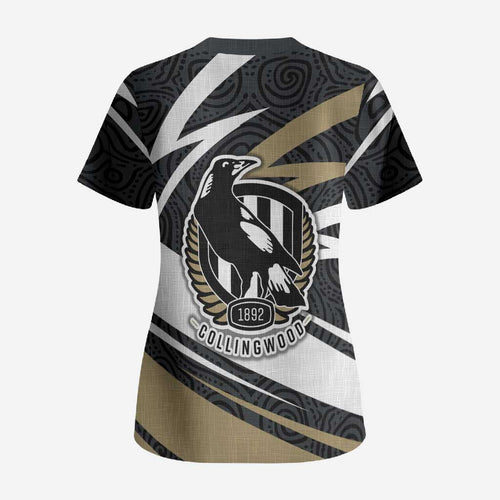 Collingwood Magpies Australian Football Scrub Top Iconic Bird Mascot With Indigenous Pattern Art