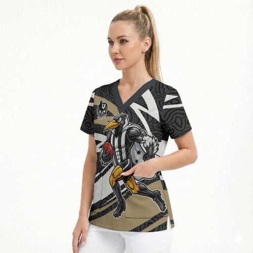 Collingwood Magpies Australian Football Scrub Top Iconic Bird Mascot With Indigenous Pattern Art