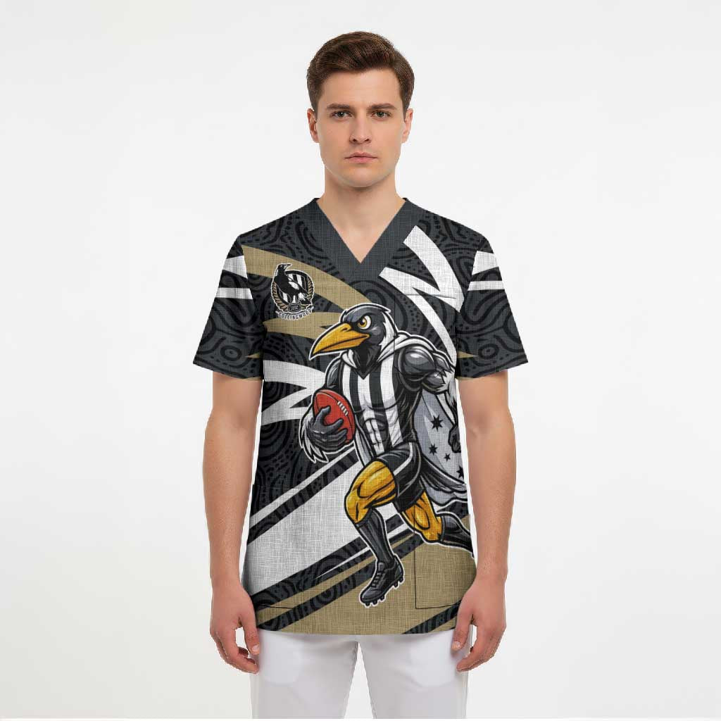 Collingwood Magpies Australian Football Scrub Top Iconic Bird Mascot With Indigenous Pattern Art
