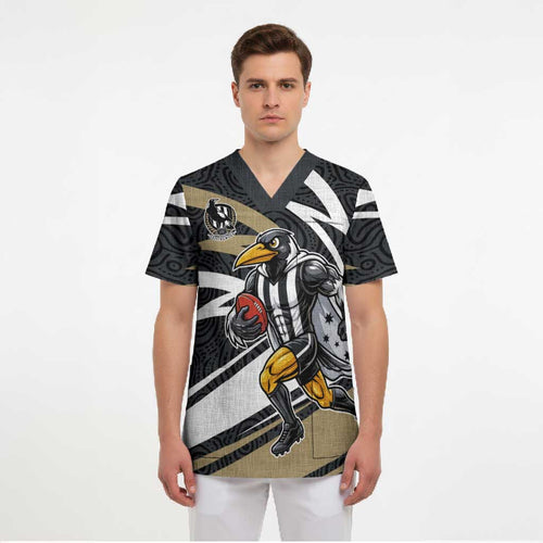 Collingwood Magpies Australian Football Scrub Top Iconic Bird Mascot With Indigenous Pattern Art