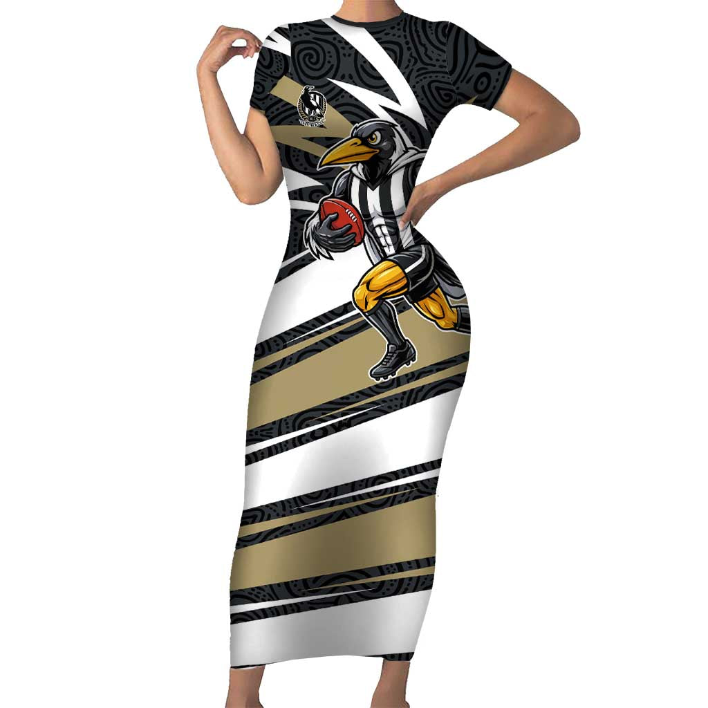 Collingwood Magpies Australian Football Short Sleeve Bodycon Dress Iconic Bird Mascot With Indigenous Pattern Art