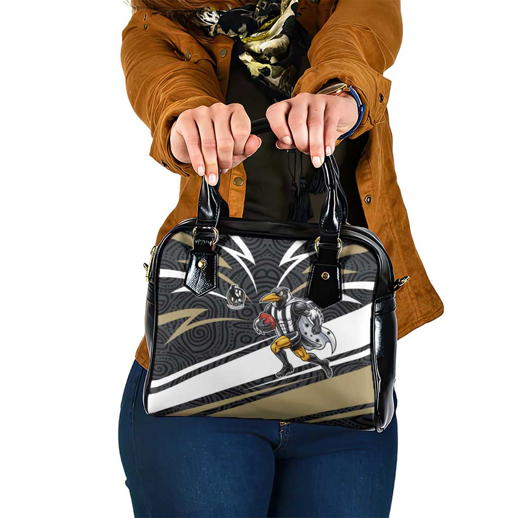 Collingwood Magpies Australian Football Shoulder Handbag Iconic Bird Mascot With Indigenous Pattern Art