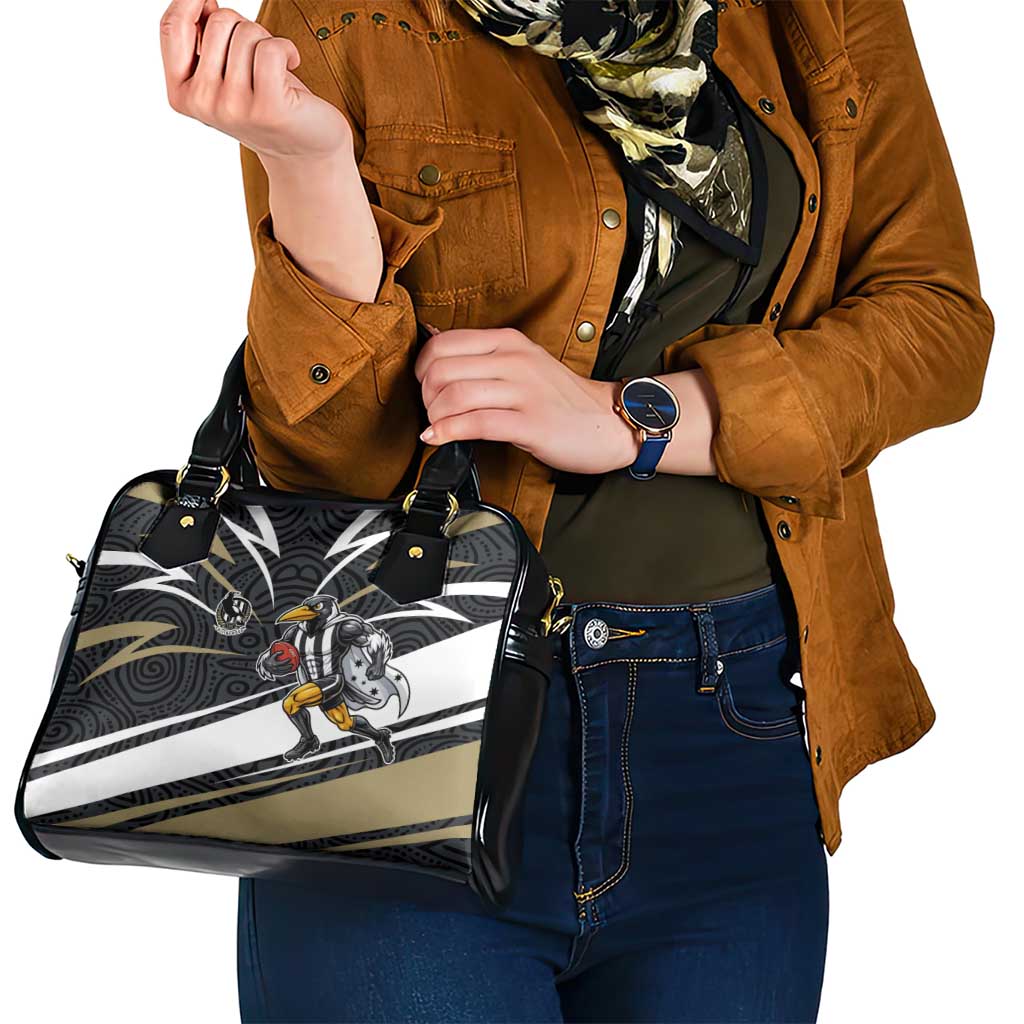 Collingwood Magpies Australian Football Shoulder Handbag Iconic Bird Mascot With Indigenous Pattern Art