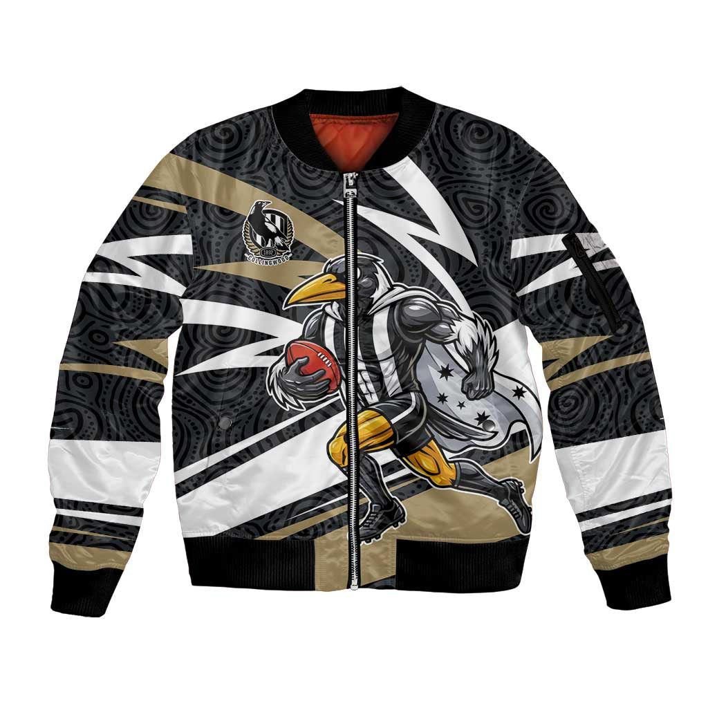 Collingwood Magpies Australian Football Sleeve Zip Bomber Jacket Iconic Bird Mascot With Indigenous Pattern Art