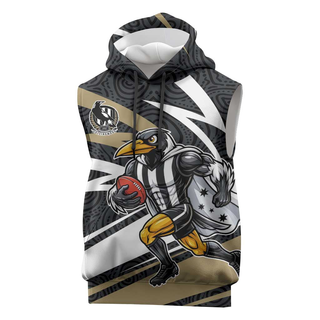 Collingwood Magpies Australian Football Sleeveless Hoodie Iconic Bird Mascot With Indigenous Pattern Art
