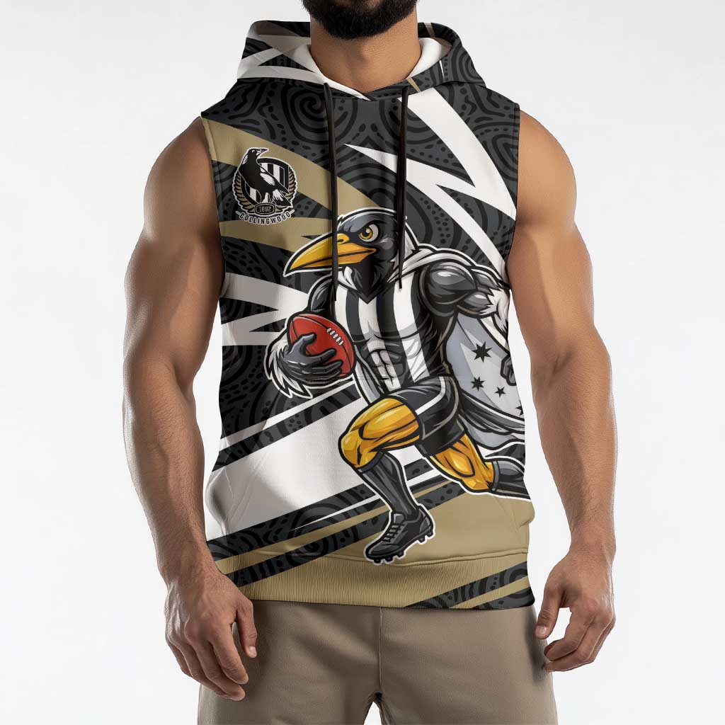 Collingwood Magpies Australian Football Sleeveless Hoodie Iconic Bird Mascot With Indigenous Pattern Art
