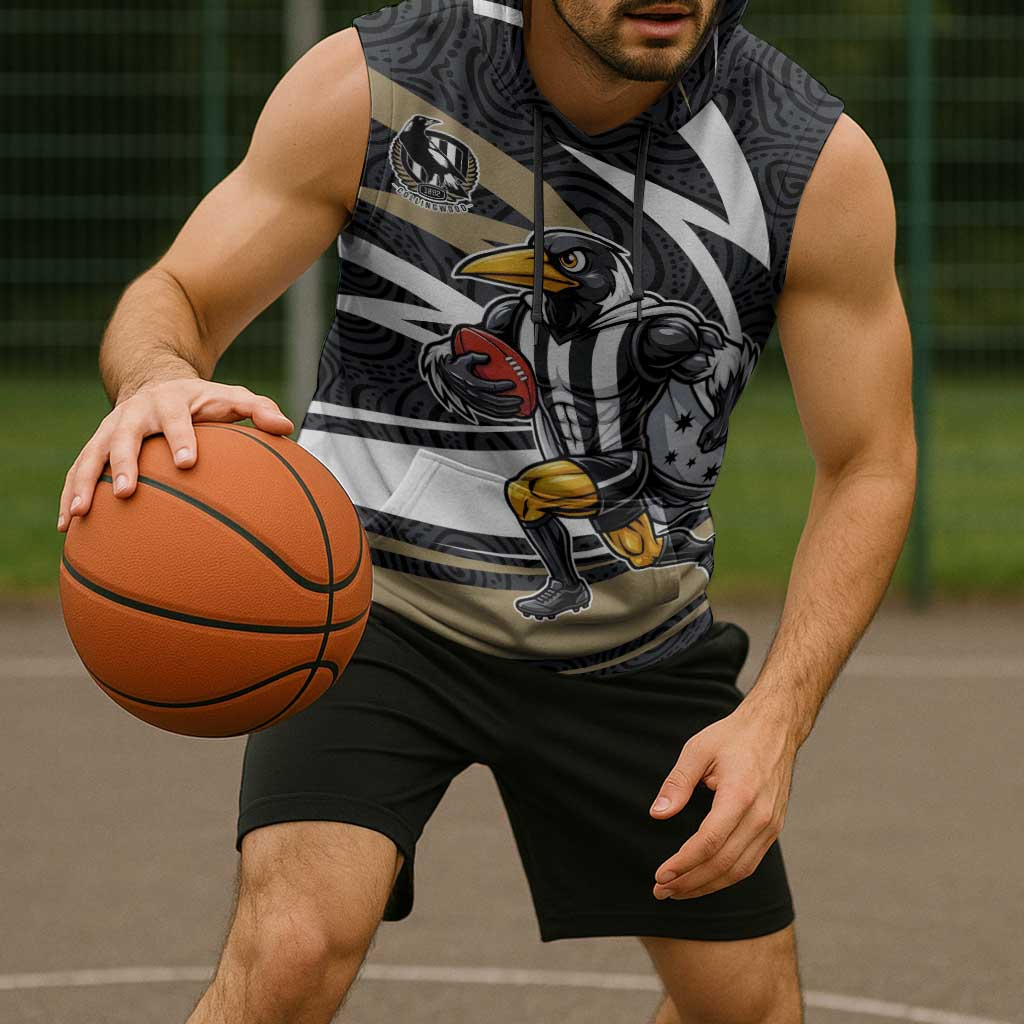 Collingwood Magpies Australian Football Sleeveless Hoodie Iconic Bird Mascot With Indigenous Pattern Art