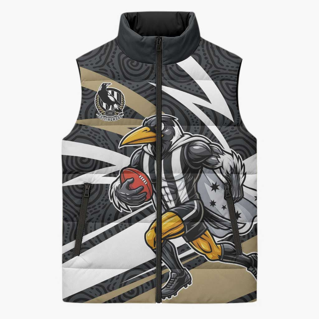 Collingwood Magpies Australian Football Sleeveless Puffer Jacket Iconic Bird Mascot With Indigenous Pattern Art
