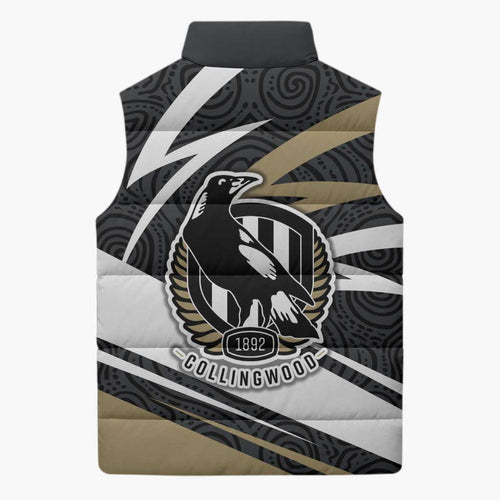 Collingwood Magpies Australian Football Sleeveless Puffer Jacket Iconic Bird Mascot With Indigenous Pattern Art