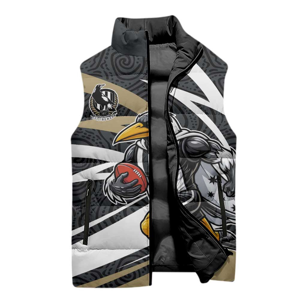 Collingwood Magpies Australian Football Sleeveless Puffer Jacket Iconic Bird Mascot With Indigenous Pattern Art