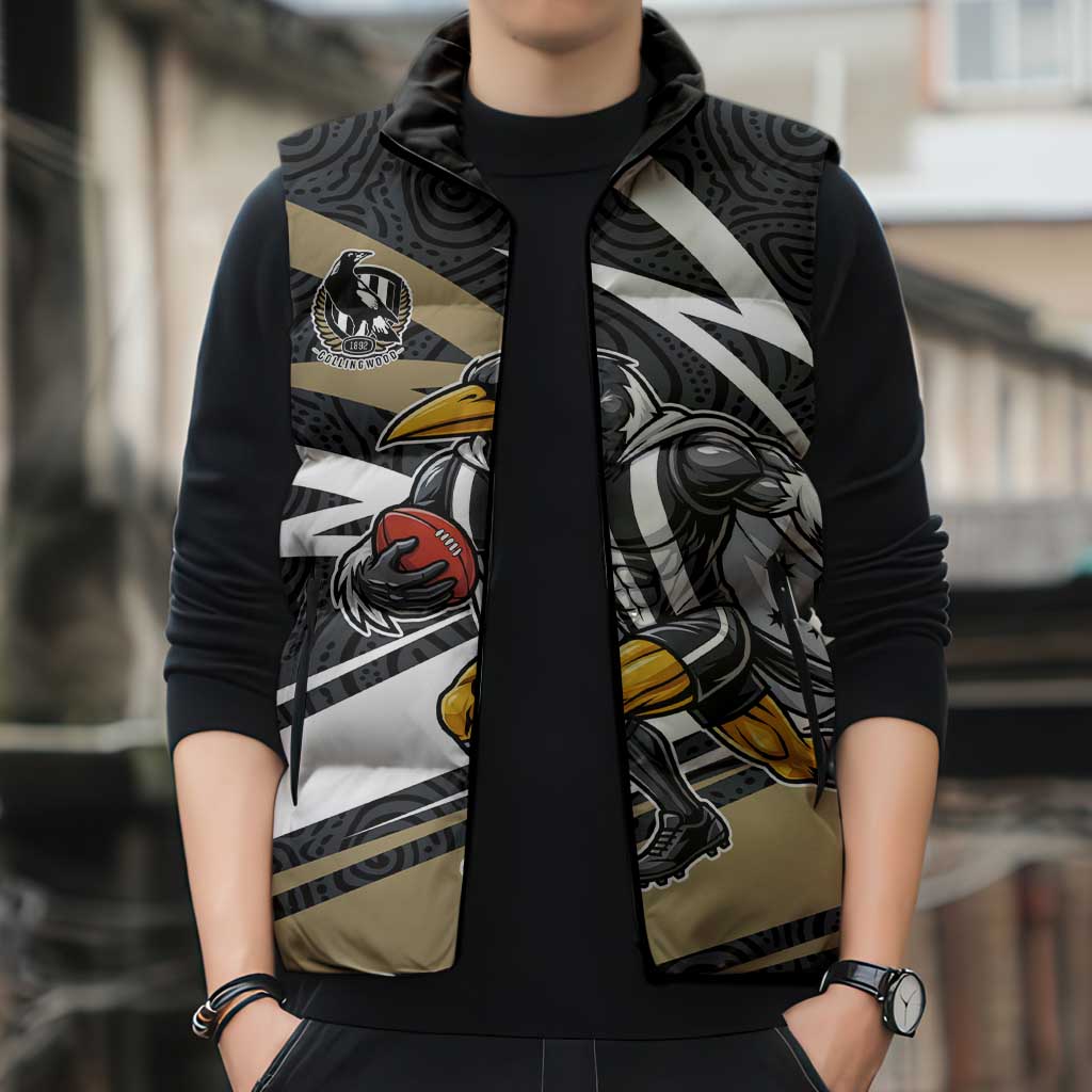 Collingwood Magpies Australian Football Sleeveless Puffer Jacket Iconic Bird Mascot With Indigenous Pattern Art