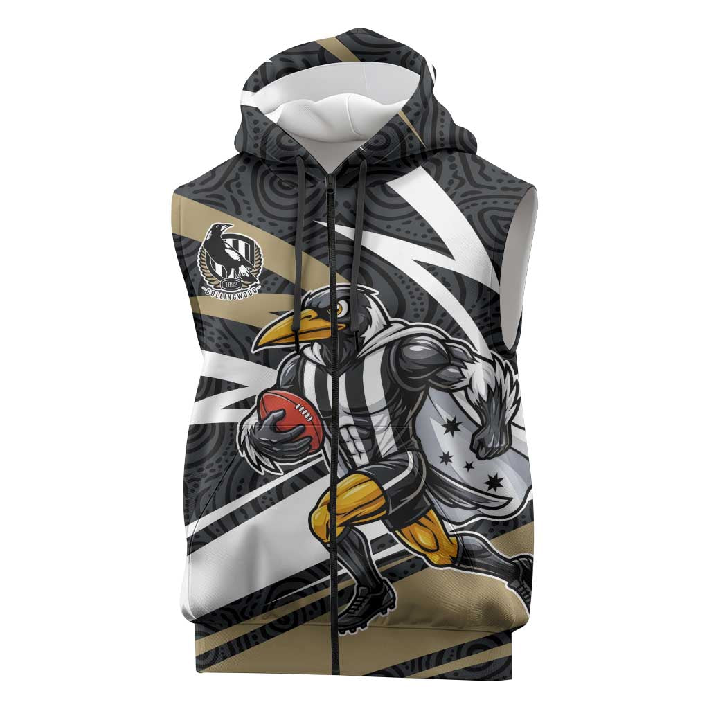 Collingwood Magpies Australian Football Sleeveless Zip Hoodie Iconic Bird Mascot With Indigenous Pattern Art