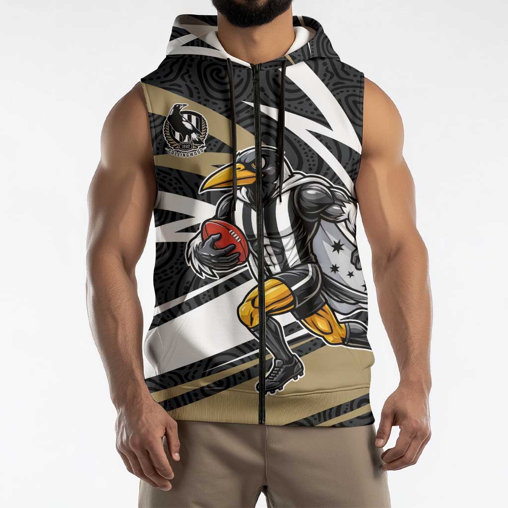 Collingwood Magpies Australian Football Sleeveless Zip Hoodie Iconic Bird Mascot With Indigenous Pattern Art