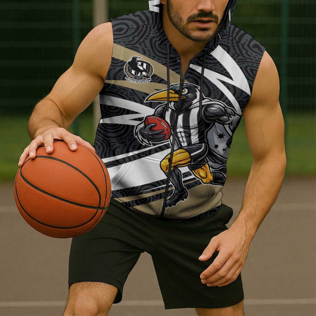 Collingwood Magpies Australian Football Sleeveless Zip Hoodie Iconic Bird Mascot With Indigenous Pattern Art