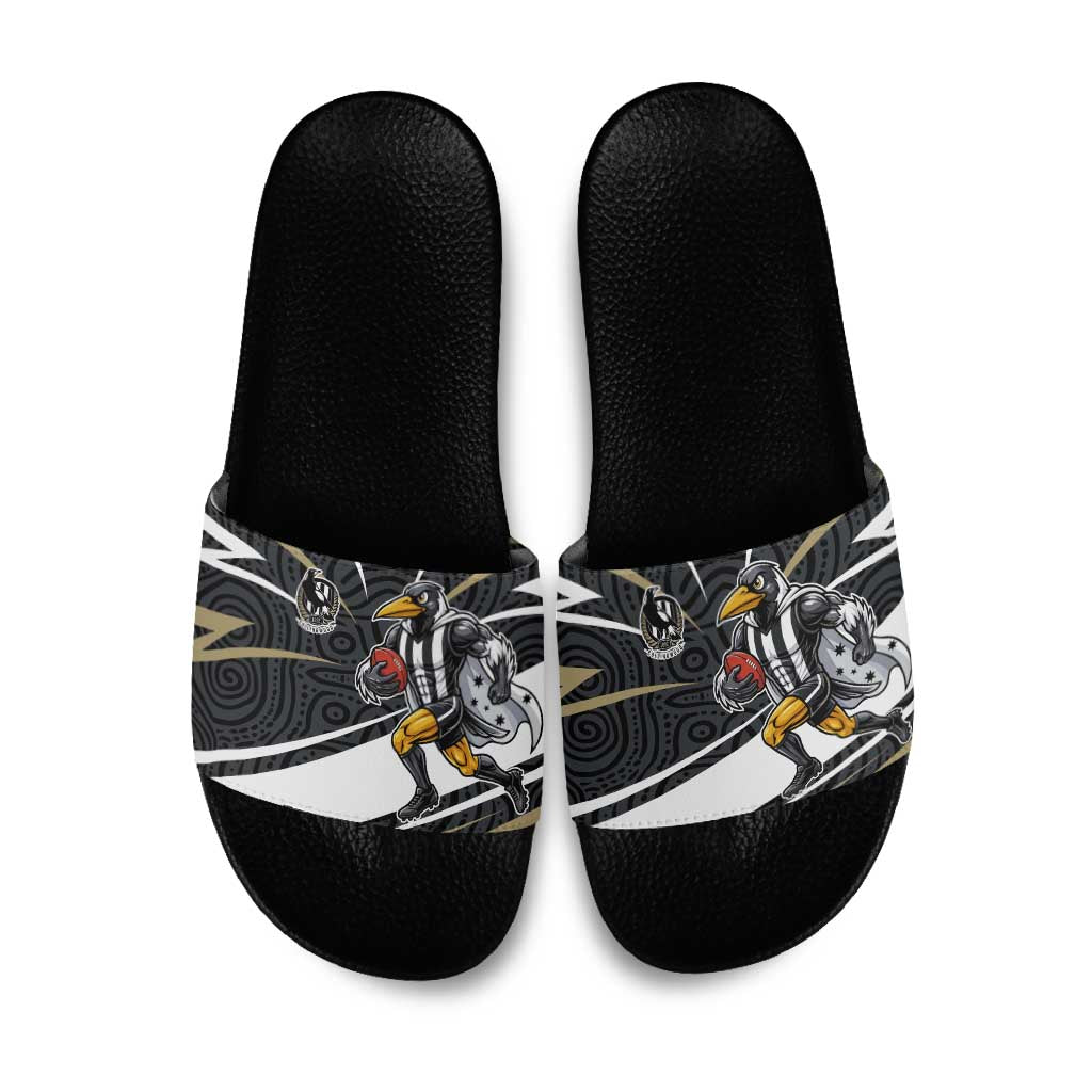 Collingwood Magpies Australian Football Slide Sandals Iconic Bird Mascot With Indigenous Pattern Art
