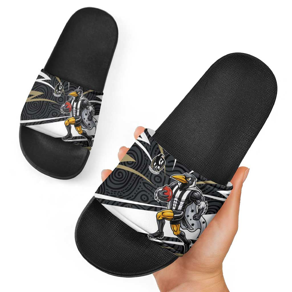 Collingwood Magpies Australian Football Slide Sandals Iconic Bird Mascot With Indigenous Pattern Art